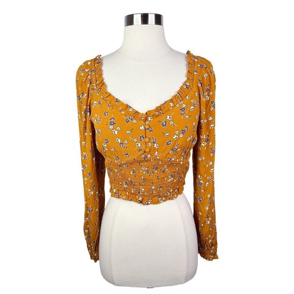 Elodie Floral Ruffle Neck Long Sleeve Crop Top - Size Small - Picture 1 of 5